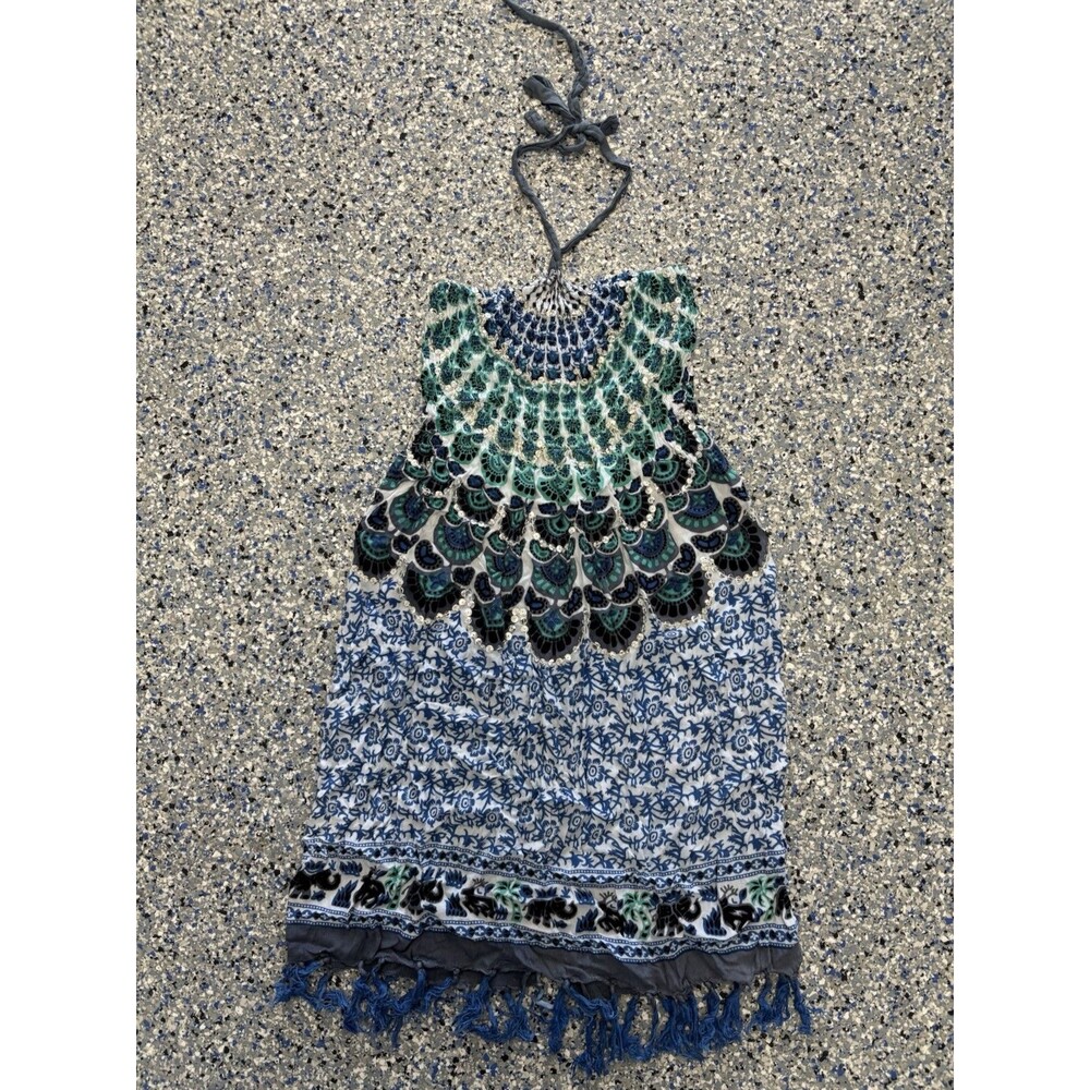 Bohemian-style Halter Dress Green Silver Sequins Turquoise Peacock Size Small S